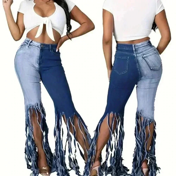 High Quality Denim - Wide Leg Two-Tone Flare Tassel Jeans (Two Tone Denim Blue)